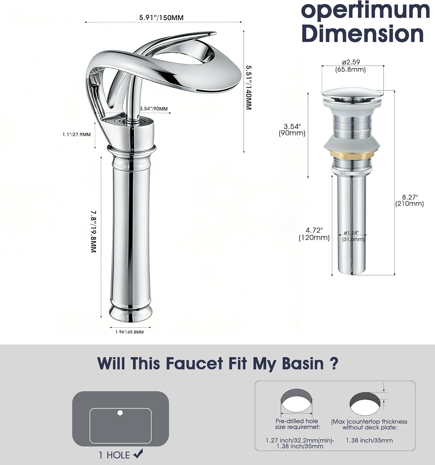 Elegant Bathroom Sink Faucet Single Hole,AUU Waterfall Chorme Vessel Sink Faucet Solid Brass,Single Handle Tall Bowl Sink Faucet with Pop Up Drian Supply Line (Chrome, Tall)