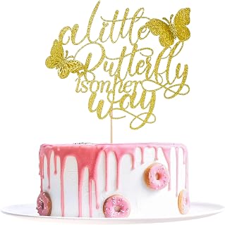 A Little Butterfly is on Her Way Cake Topper, Butterfly Theme Cake Topper Suitable for baby party, welcome baby party decoration supplies (Gold)