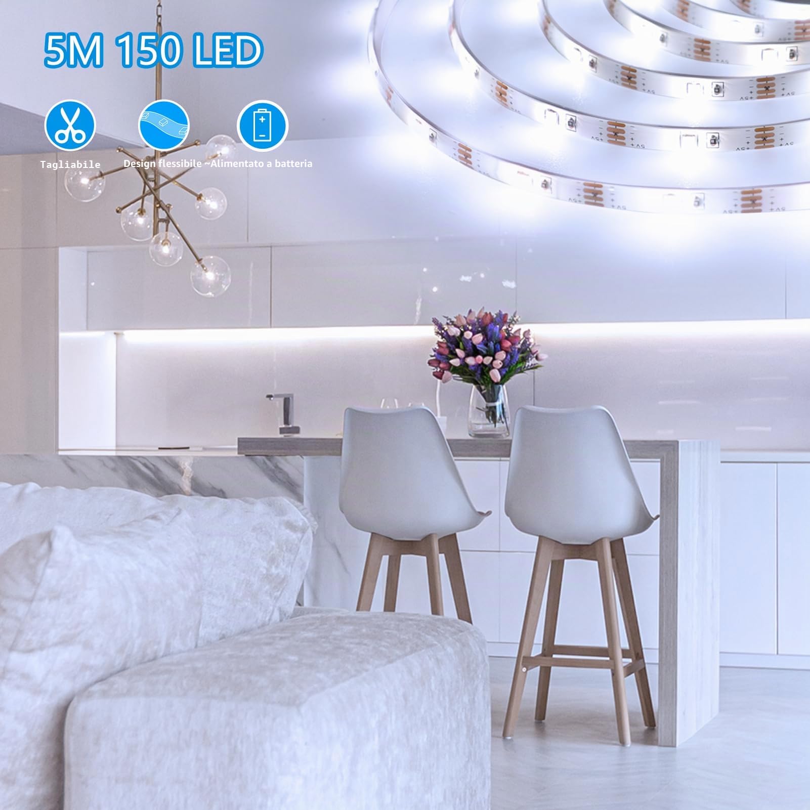 DBFAIRY Striscia LED a batteria, 5 m, 150 LED con batteria, impermeabile, con telecomando, timer per camera da letto, decorazione della casa (bianco)