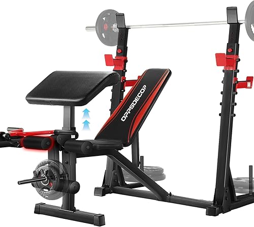 OPPSDECOR Juego de banco de pesas con estante para sentadillas, predicador, extensión de piernas rizadas, prensa de banco profesional para ejercicio