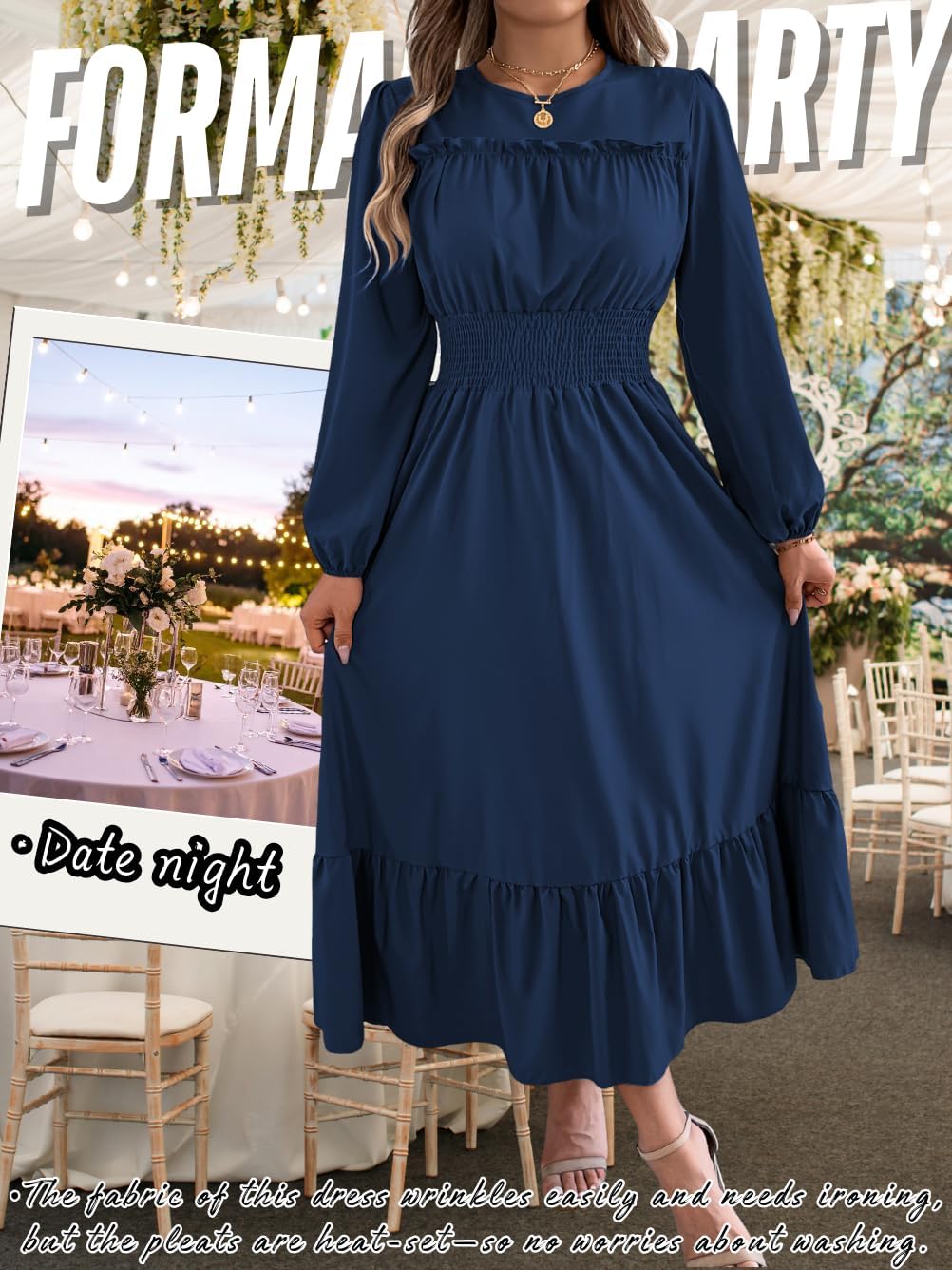 Ruffle Maxi Dress for Women, Pleated A Line Flowy, Business Casual, Holiday Modest Long Sleeve Smocked Spring