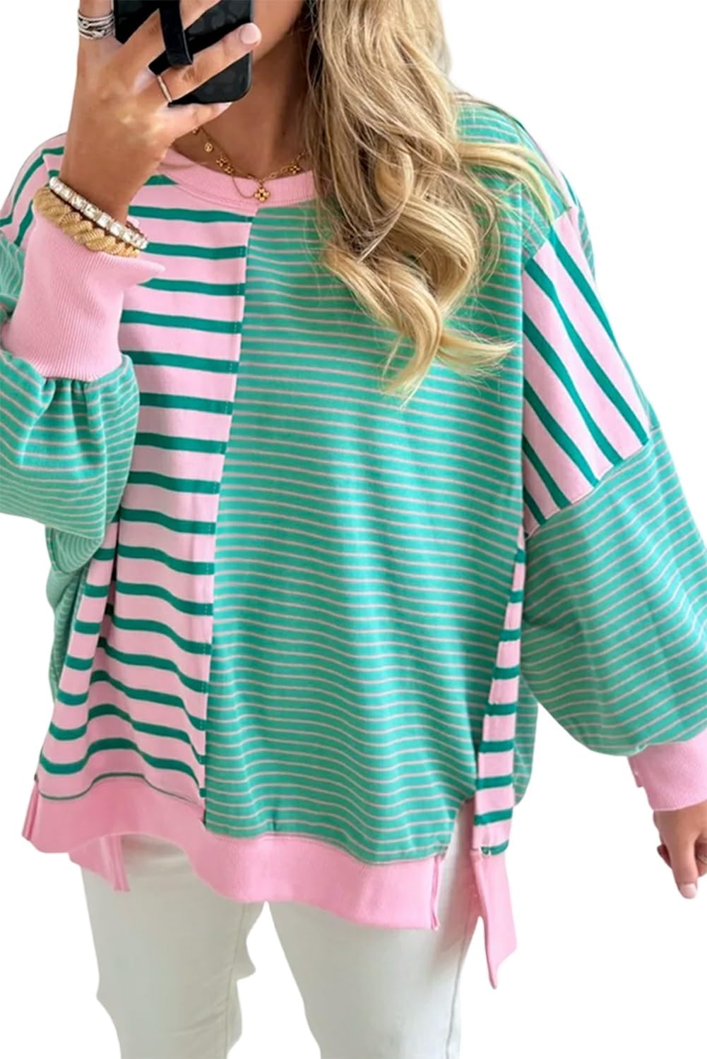 [LIEROLYE] レディース グリーンストライプ プルオーバートップ、Y2Kカラーブロック パッチワーク バギースウェットシャツ