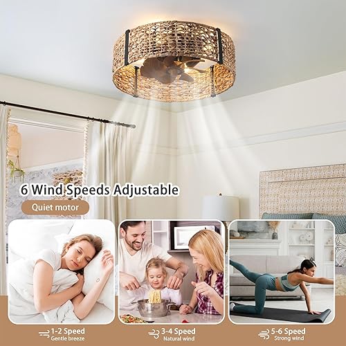 Miniatura 9 de Ganeed - Ventilador de techo estilo Boho de 20 pulgadas con luz, ventilador de techo enjaulado de ratán con luz y control remoto, motor reversible