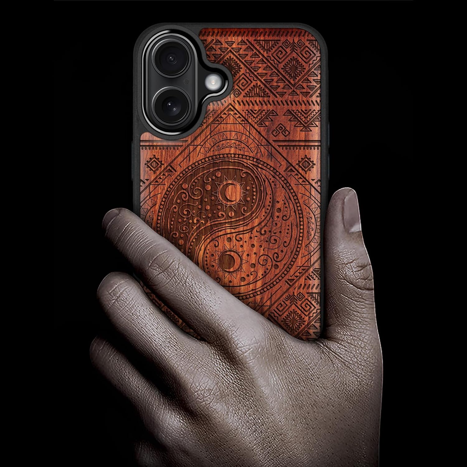Carveit Magnetic Wooden Case for iPhone 16 Case, Wood Artisan Engraved & Black Soft TPU Shockproof Cover, Compatible with MagSafe Wireless Chargers (Yin Yang Sun and Moon) Rosy