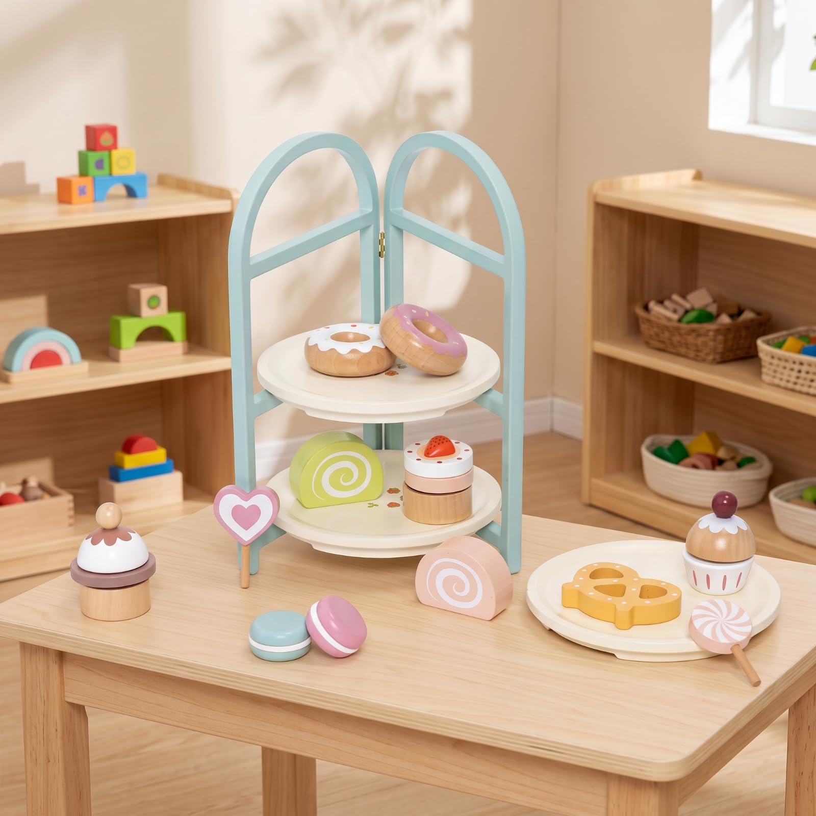 Set da Tè Giocattolo con Dolci in Legno Gioco D'imitazione a Misura di Bambino per Cameretta