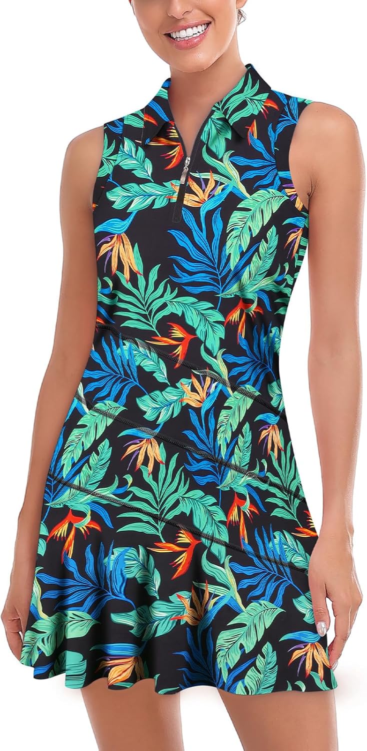 Misyula Tennis Dresses for Women,Athletic Dress with Shorts 2Pockets Zip Up Polo Sleeveless Golf Workout Dress(XS-XL)