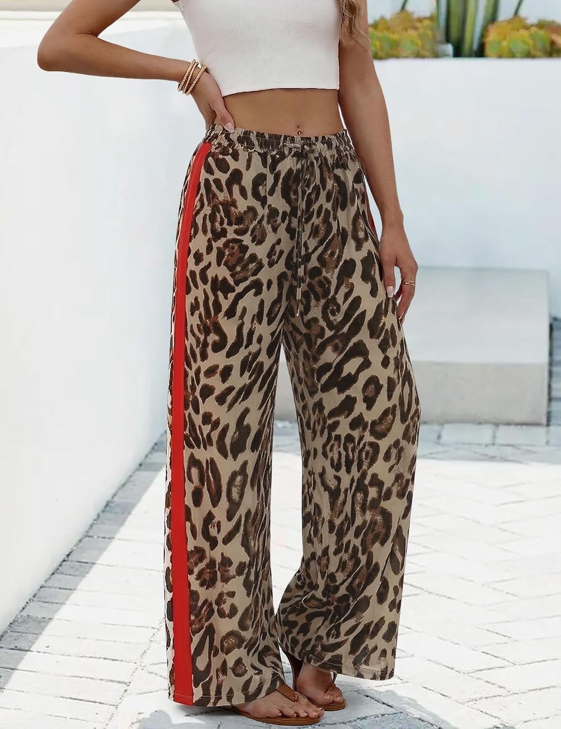 Rapbin Womens Leopard Wide Leg Pants Flowy Side Striped Palazzo Trousers image 4