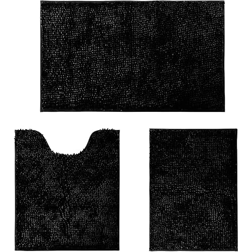 HOMEIDEAS Black Bathroom Rugs Sets 3 Piece, Butter Chenille Bathroom Rugs and Mats Sets, 3X Absorbent Microfiber Bath Rugs, Non Slip, Luxury, Shiny, Washable Bath Mat for Bathroom, Shower