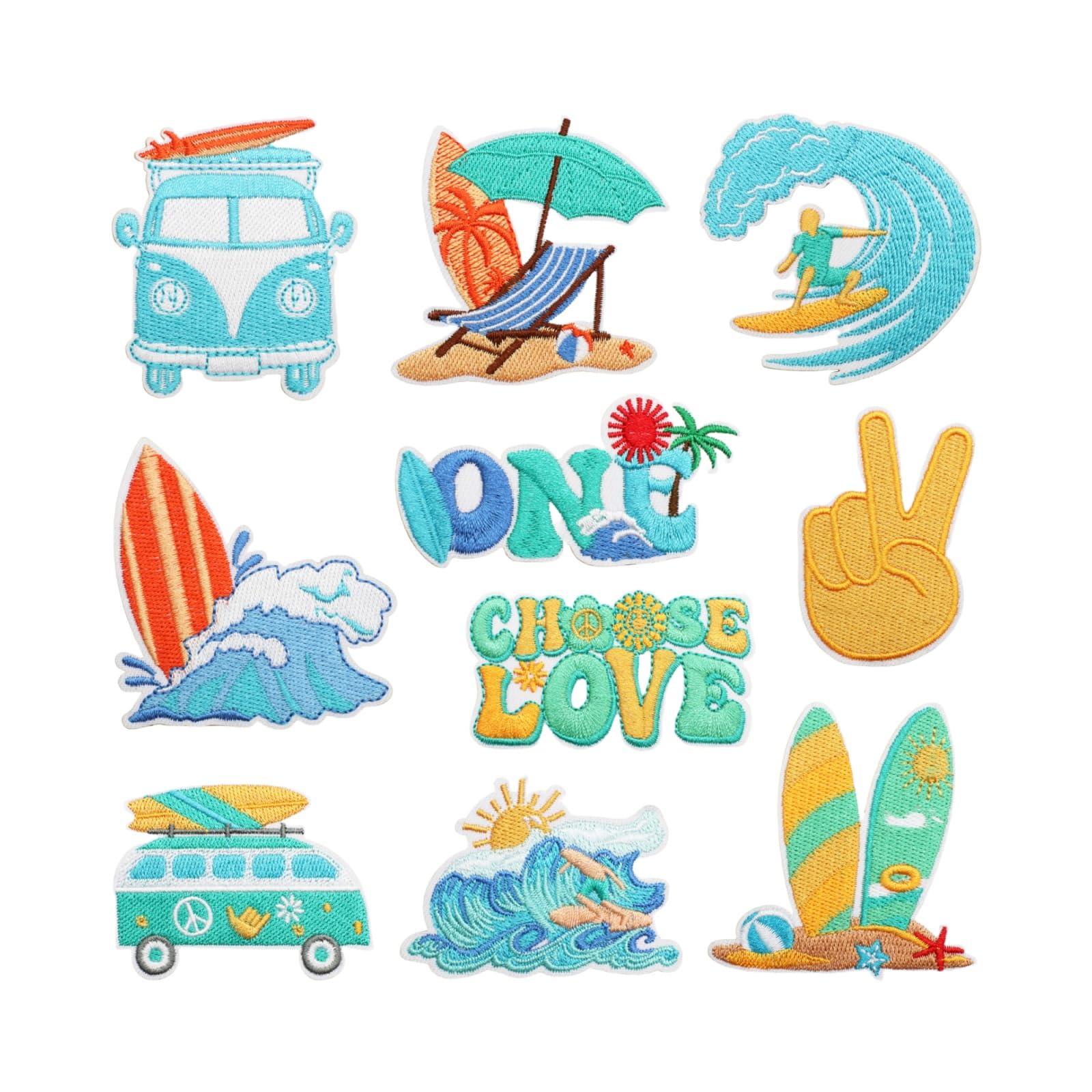 Juego de 10 parches bordados con temática de playa de verano con diseños de tabla de surf y ondas. Hecho por costura por computadora. Bueno para decorar coches de playa, tablas de surf o hacer