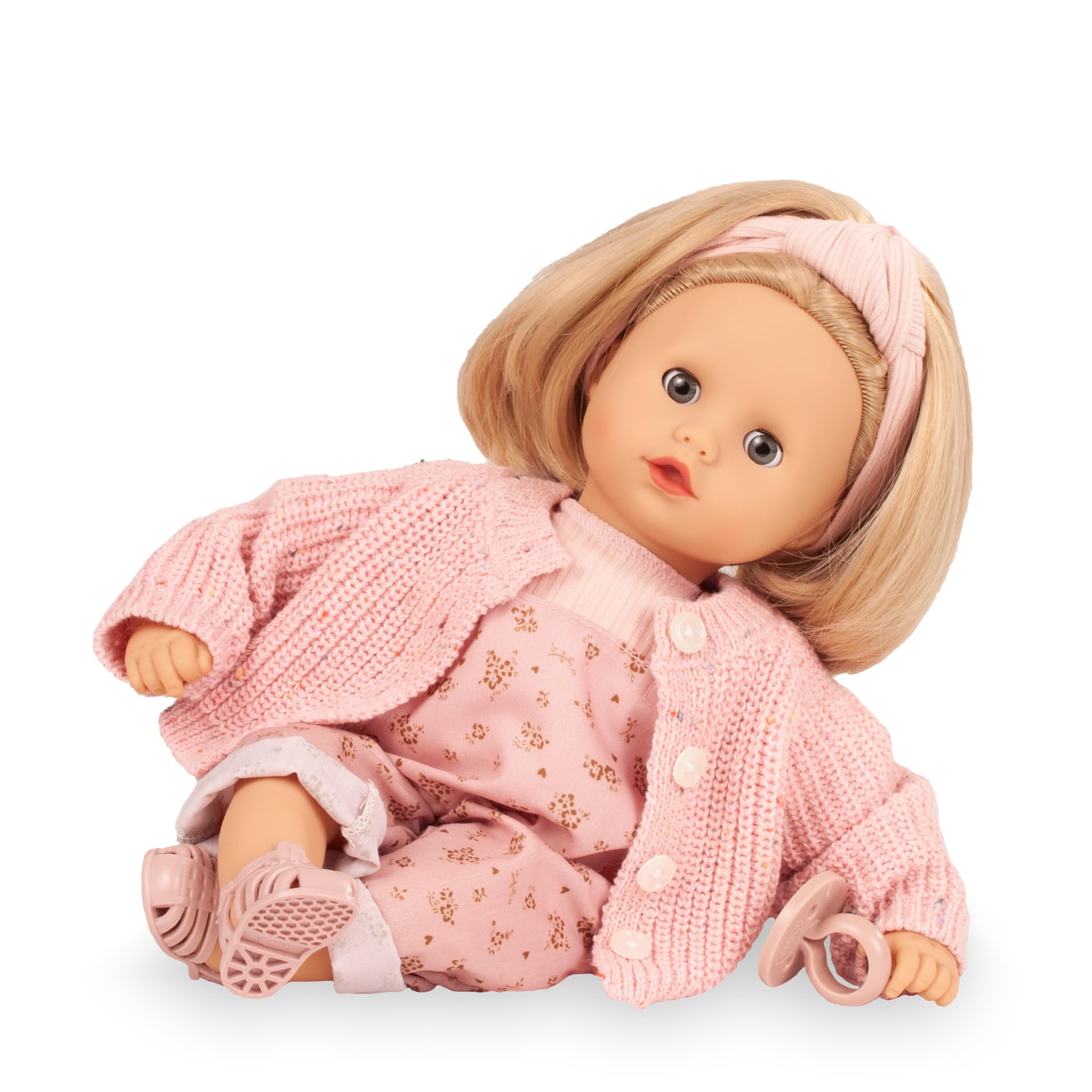 Götz 2620972 Muffin Millefleur Puppe 33 cm Babypuppe Blaue Schlafaugen | 7-tlg, blonde Haare, Weichkörper, für Kinder ab 3 Jahren, frisierbar, waschbares Haar, mit Schnuller, Haarband und Sandalen