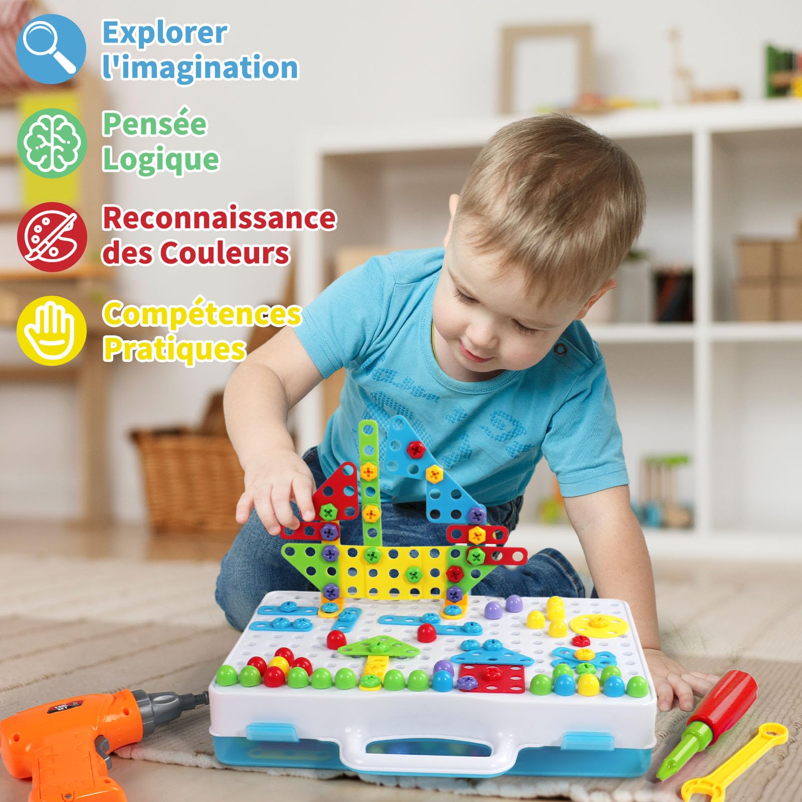 Jouet Enfant 3 Ans Mosaique Enfant Bricolage Puzzle 3D Jeux de Construction Educatif 4 5 Ans Visseuse Enfant avec Perceuse Électronique Jeux Montessori Garcon Cadeau Garcon Fille -224PCS