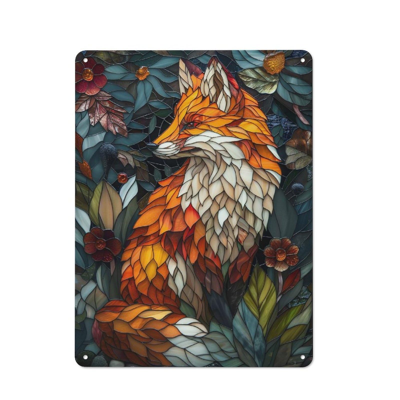 Junmoney Fox Stained Glass Leaf Bg Tin Wall Plaque 40X30cm With For Home Bar Wall, For Hosts Who Enjoy Retro Interiors