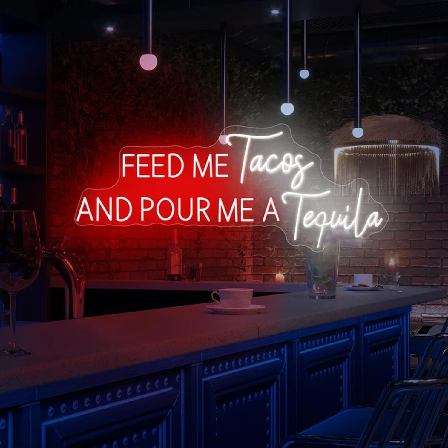 Feed Me Tacos And Pour Me A Tequila Neon Sign 26 inches Led Tequila Bar Neon Light Up Signs Wall Decor for Home Bar Pub Club Decorations