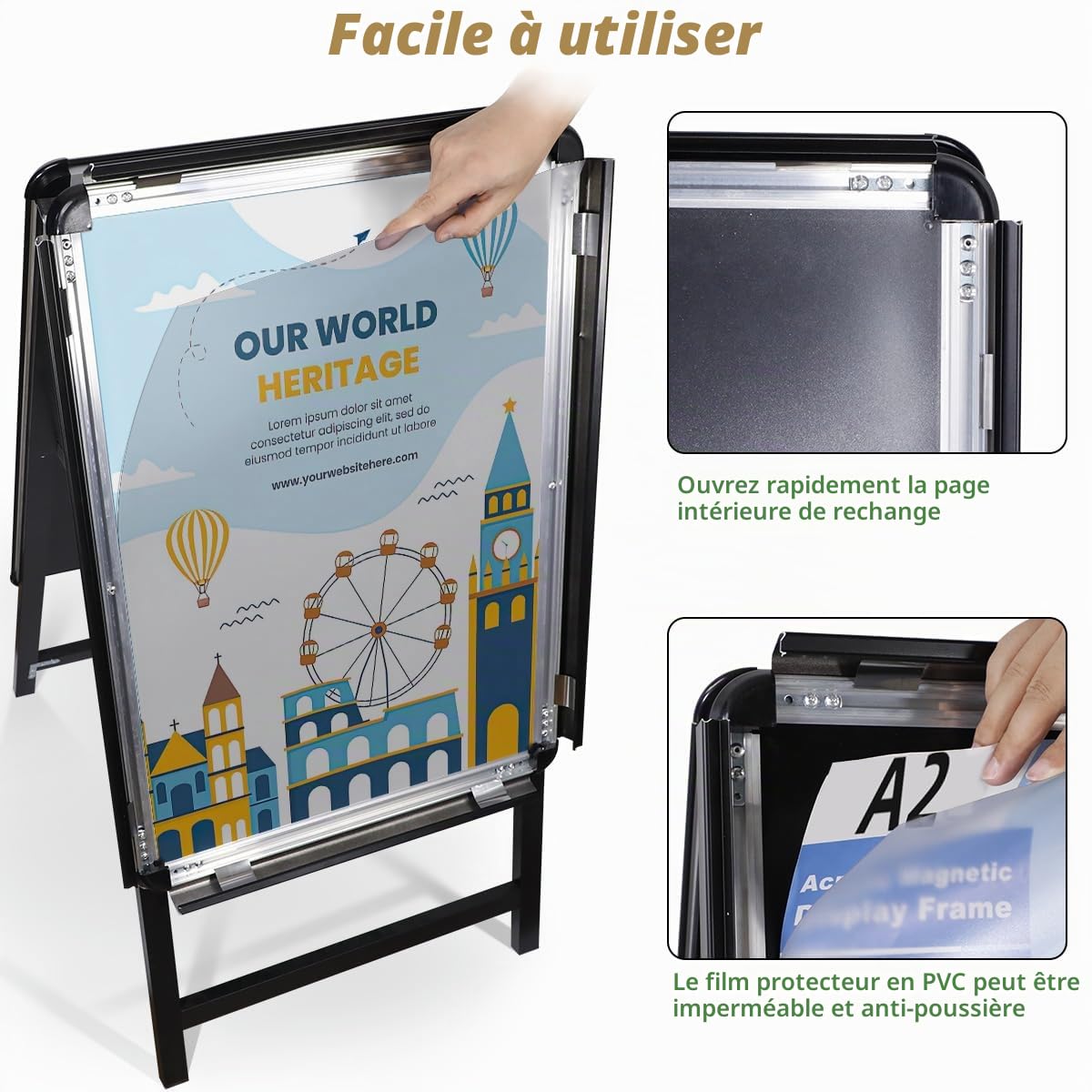 Support Affiche Double Face Extérieur - Panneau Publicitaire A2 en Aluminium pour Menu de Restaurant, Stop Trottoir - Noir