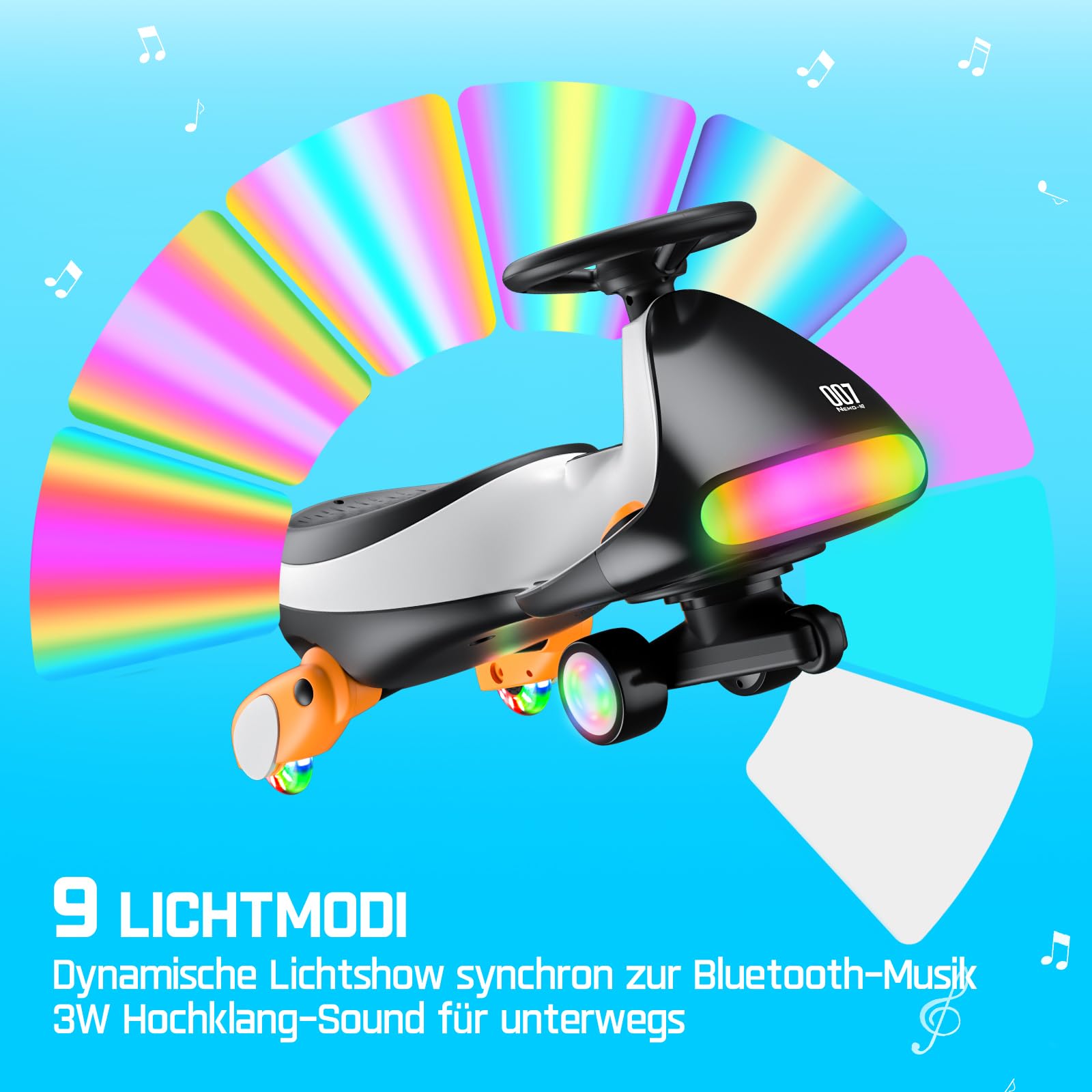 FanttikRide N7 Ultra Elektrisches Wackelauto mit wiederaufladbarem Typ-C-Akku, Ultraleise, 2 Geschwindigkeiten bis maximal 6 km/h, 9 Farbmodi, Digitalanzeige, für Kinder ab 3 Jahren, Pinguin Schwarz