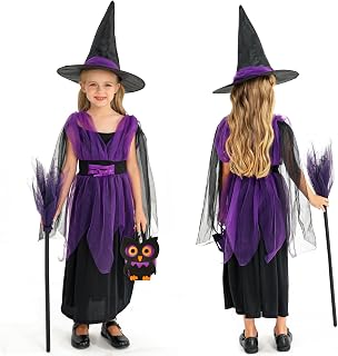 BARVERE Disfraz de bruja para niña, vestido de bruja, vestido de color con sombrero de bruja, mango de escoba y bolsillo de búho para niños (tamaño: 120)