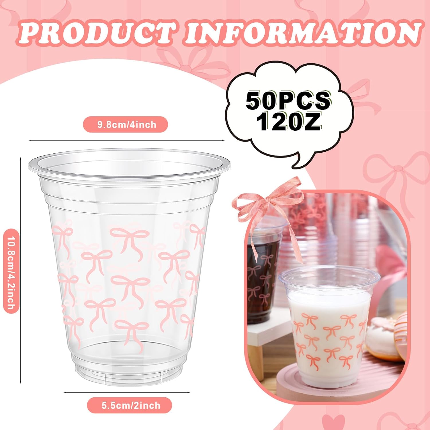 50 Pcs Pink Bow Snack Cups 12 oz Bow Plastic Cups Lovely Bowknot Tumbler for Birthday Wedding Party Supplies - Image 3
