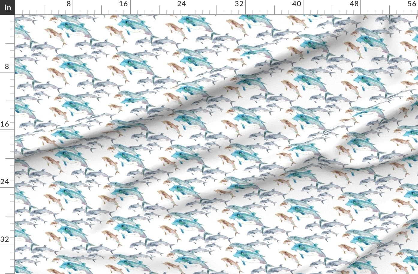 Spoonflower Fabric - Blue Swim Dolphin Art Gray Watercolor Boy Printed on Organic Cotton Sateen Fabric by The Yard - Sewing Quilting Apparel Home Decor