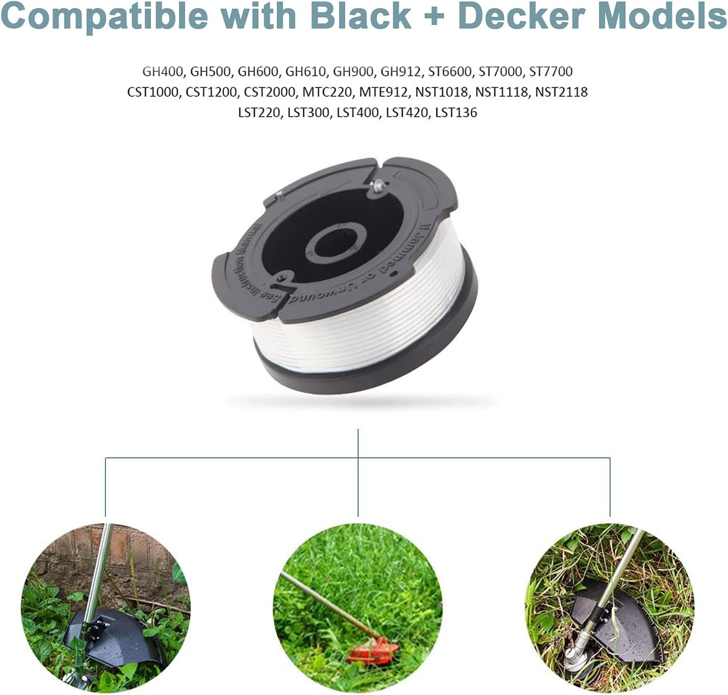 YUEFENG Weed Eater Spool for Black and Decker AF-100 with String Trimmer Spool 30ft 0.065" Refills Line (6 Replacement Spools, 1 Spool Cap, 1 Spring)