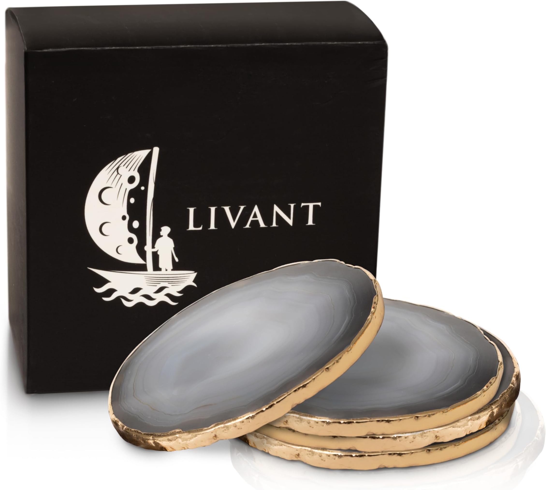 Exquisite White Agate Coasters Set of 43.5”4” Size, Gold Plated Edge, Natural