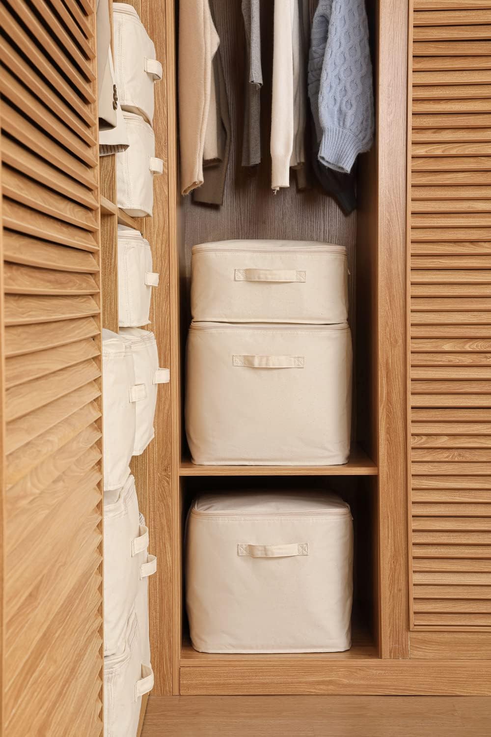 Decorative Basket Rectangular Fabric Storage Bin Organizer Basket with Handles for Clothes Storage (14.9 x 10.6 x 10.6, Beige) image 2