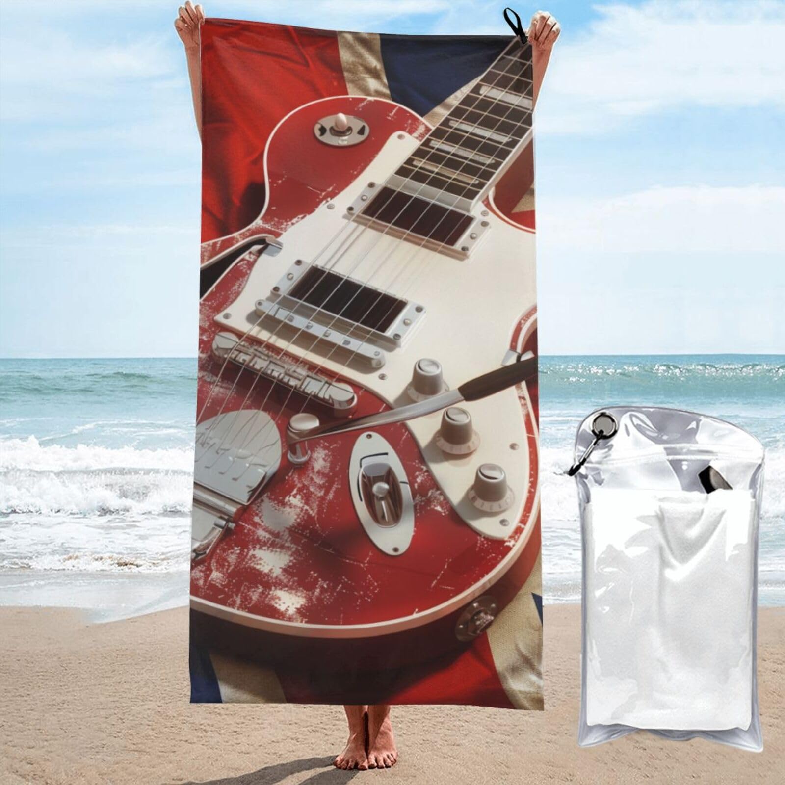 kkvhhyuo Microfiber Beach Towel, Guitar British Flag Printed Lightweight Quick Dry Travel Bath Sheet with Compact Carry Bag for Swimming Yoga Camping Gym,27.5"x55"