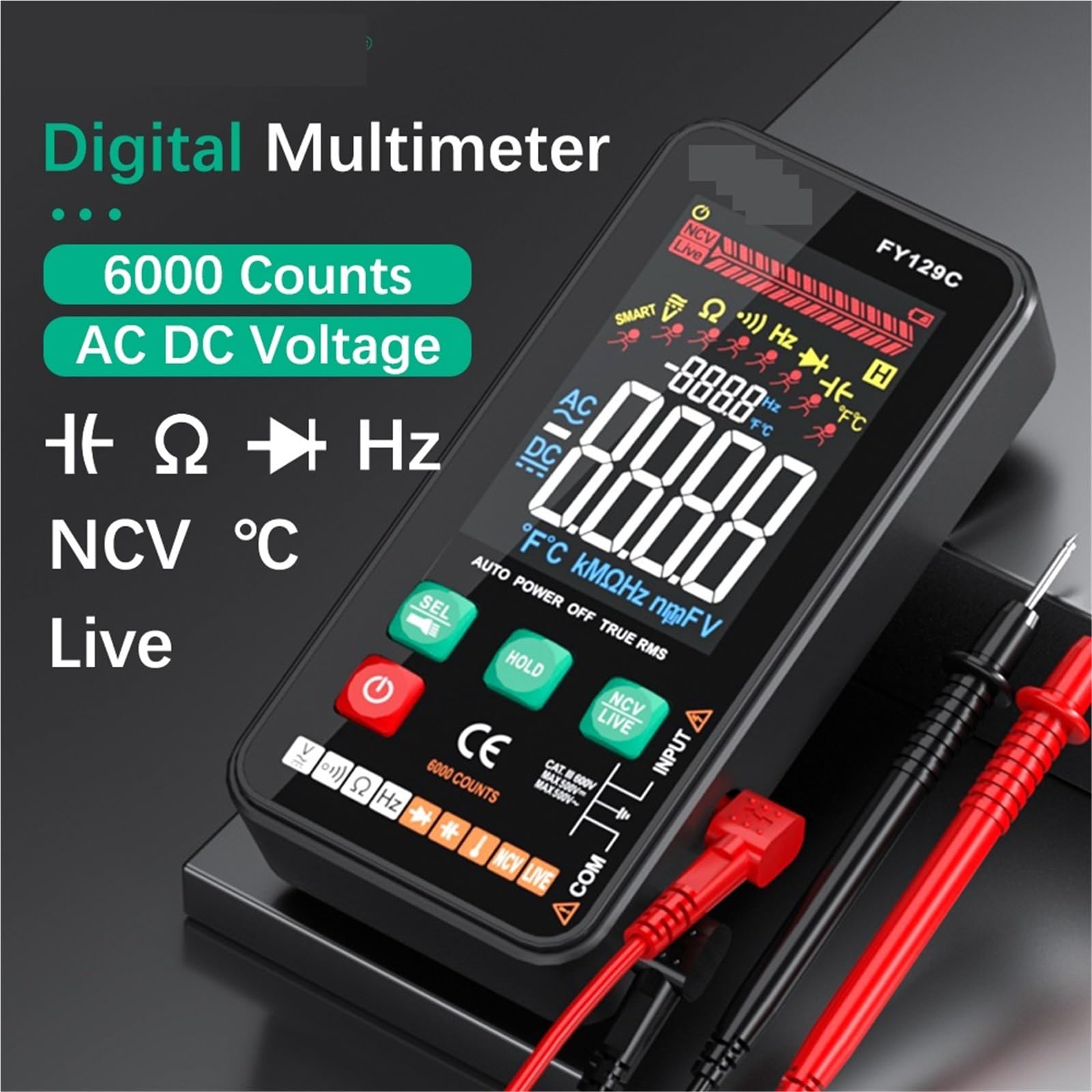 Multimètre numérique, Multimètre numérique intelligent avec support, écran couleur LCD, testeur de tension AC/DC, diode Ohm, NCV, fréquence, vérification du fil sous