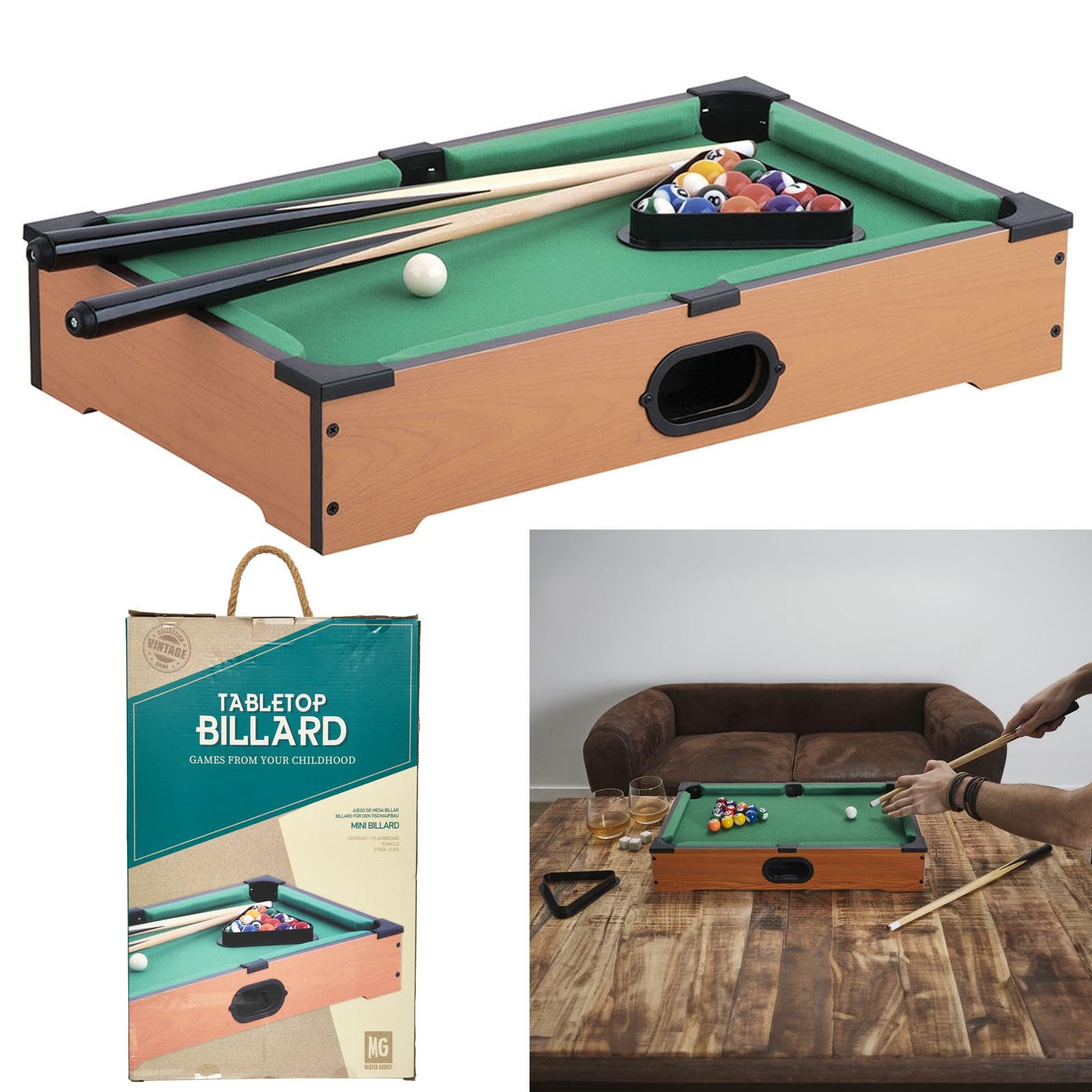 MISTER GADGet - MG2017 Jeu de Table Billard - 2 Queues - 16 Boules - Triangle et Craie Bleue - Conçu pour Soirées Amicales - H10 x L31 x P51 cm - Couleur Marron et Vert | Bois, jeu de table billard, 51x31x10 cm, 2 queues 16 boules triangle et craie, diver
