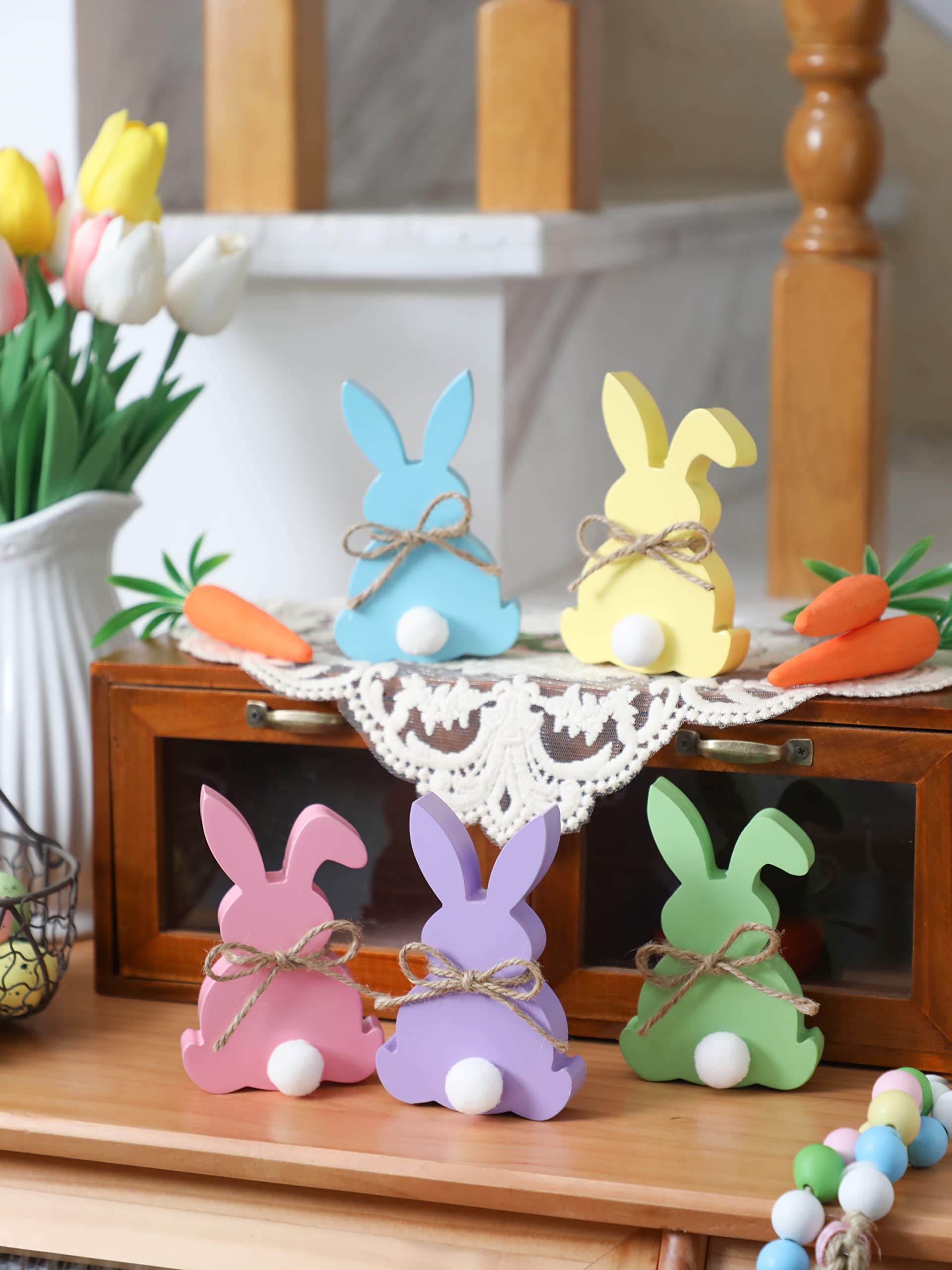 5 letreros de madera de conejo de Pascua para decoración de mesa de Pascua con forma de conejo