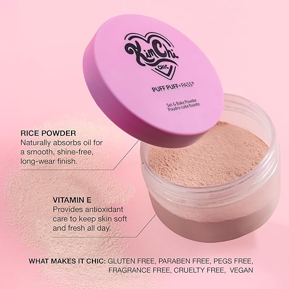 KimChiChic Beauty Puff Puff Pass Set and Bake Setting Powder for Makeup, Extra Fluffy Loose Face Powder Poof, Soft Natural Face Makeup for Uneven Skin Tone, 06 Almond