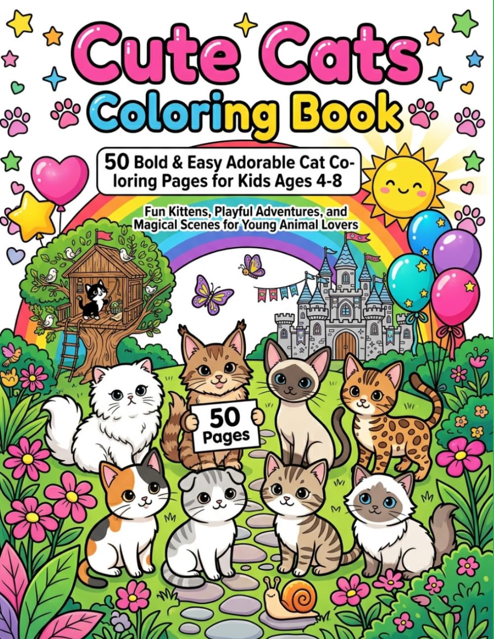 Cute Cats Coloring Book: 50 Bold & Easy Adorable Cat Coloring Pages for Kids Ages 4-8 | Fun Kittens, Playful Adventures, and Magical Scenes for Young Animal Lovers