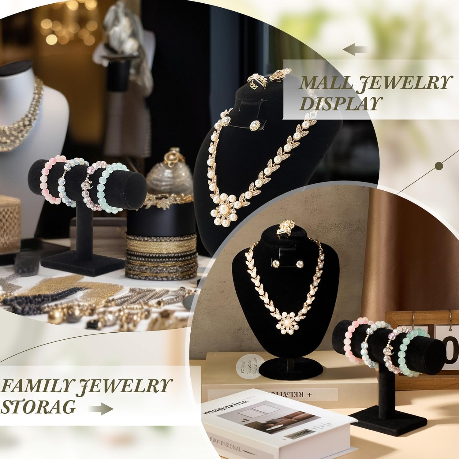 RattanView 2 Pcs Black Velvet Jewelry Display Set Necklace Mannequin Bust Stand T Bar Bracelet Holder for Retail Home Decor