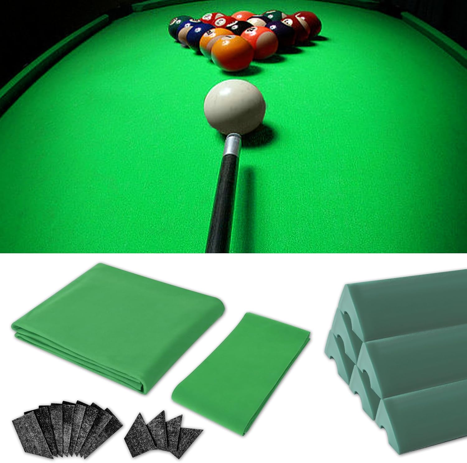 Podoy 8ft Pool Table Replacement Kit, Pool Table Bumpers (Set of 6) with Felt Cloth/Cushion Facings (Set of 12) for Billiard Rail Rubber Bumpers Home & Pro Use Billiard Rail & Pocket Accessories