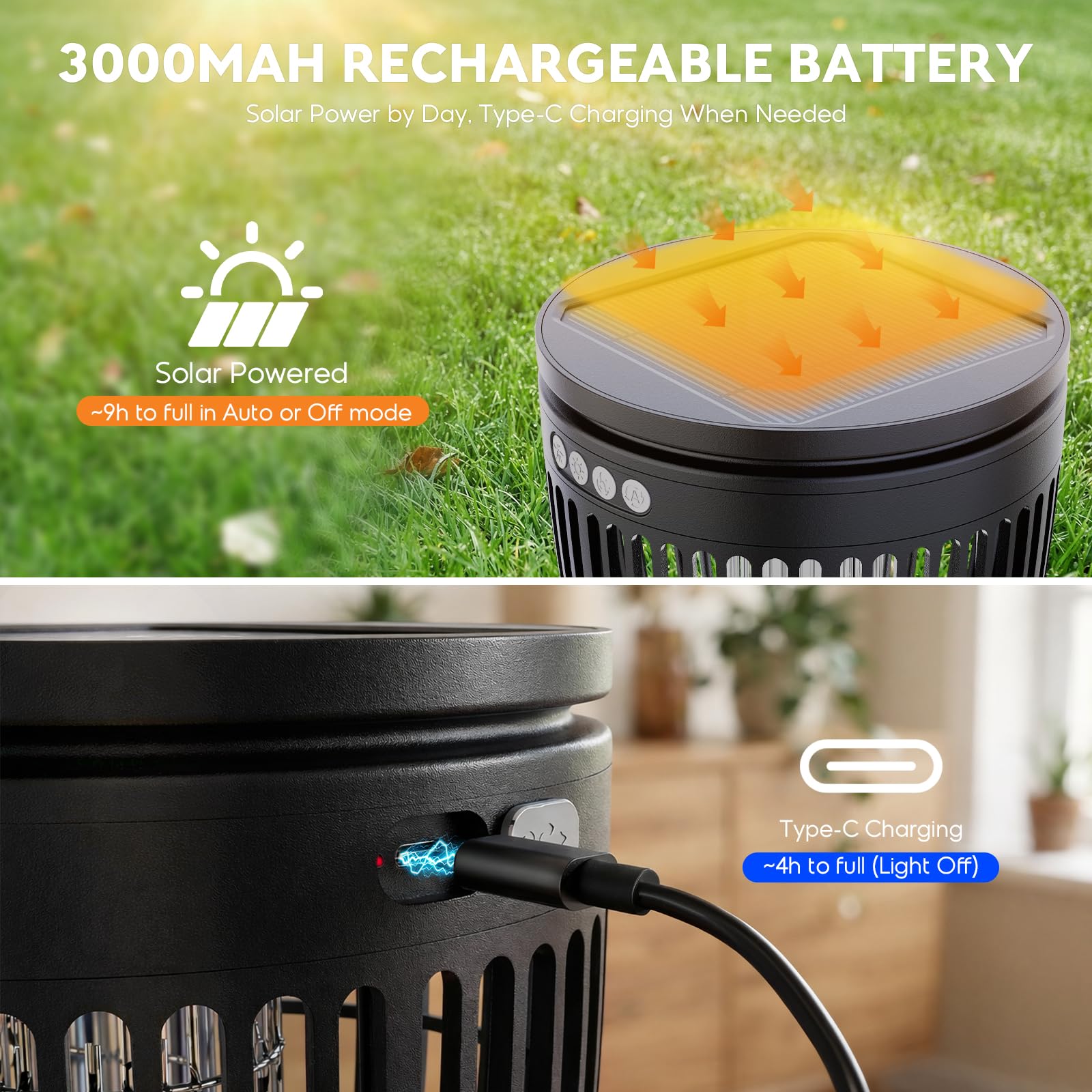 Anysun Antimosquitos Exterior Solar, Lámpara Mata Mosquitos 4200V con Luz de Llama y Proyector Nebulosa, Batería Recargable 3000mAh, USB, IPX5, Sensor Inteligente, para Terraza, Jardín (Negro)