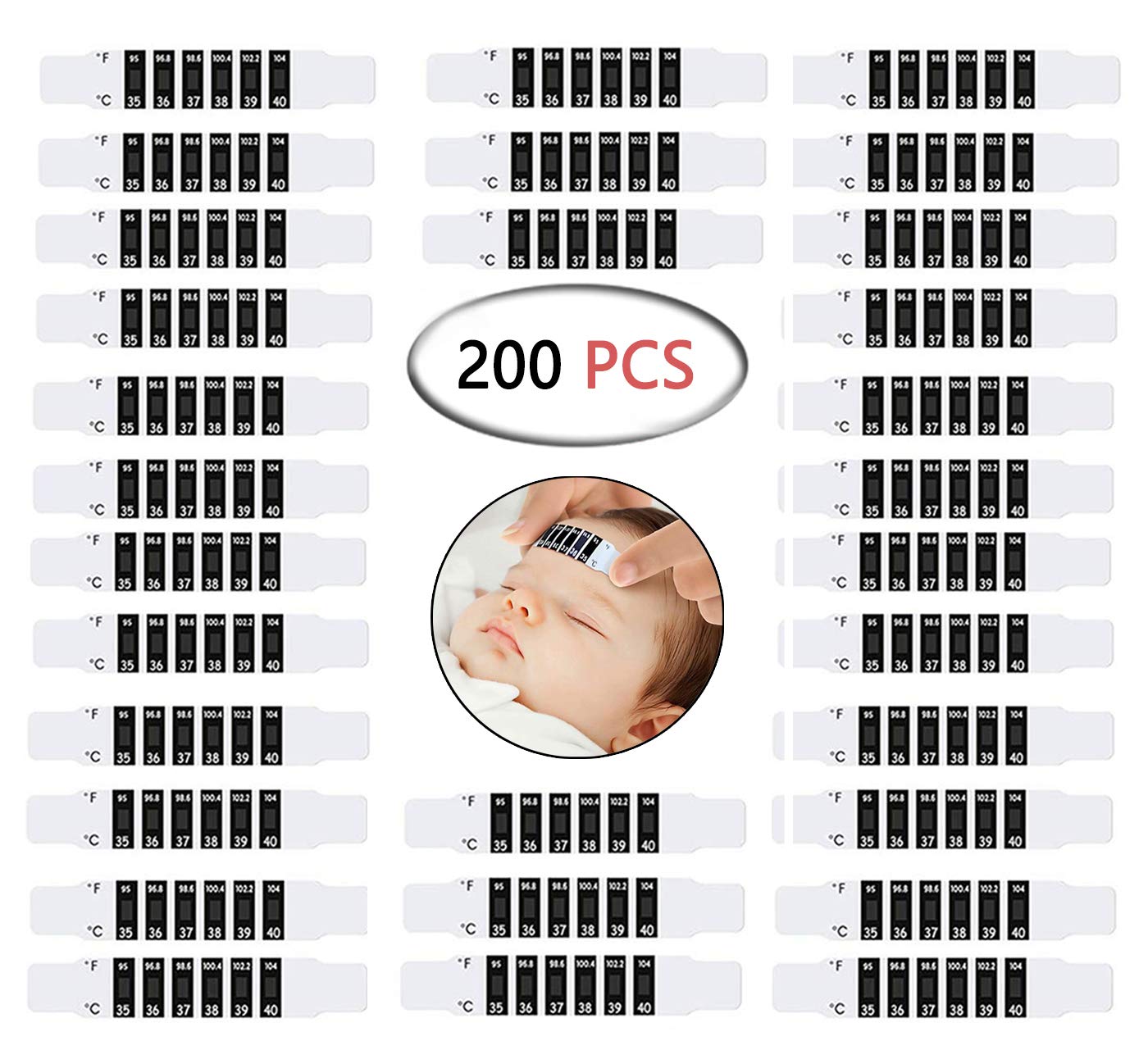 Reofrey 200 Piezas Tiras Termómetro Para Frente Del Bebé Leer Tiras Termómetro Frente Reutilizables Para Comprobación De La Temperatura Del Bebé Ni?o Adulto, 35 ° C (95 ° F) a 40 ° C (104 ° F) 024