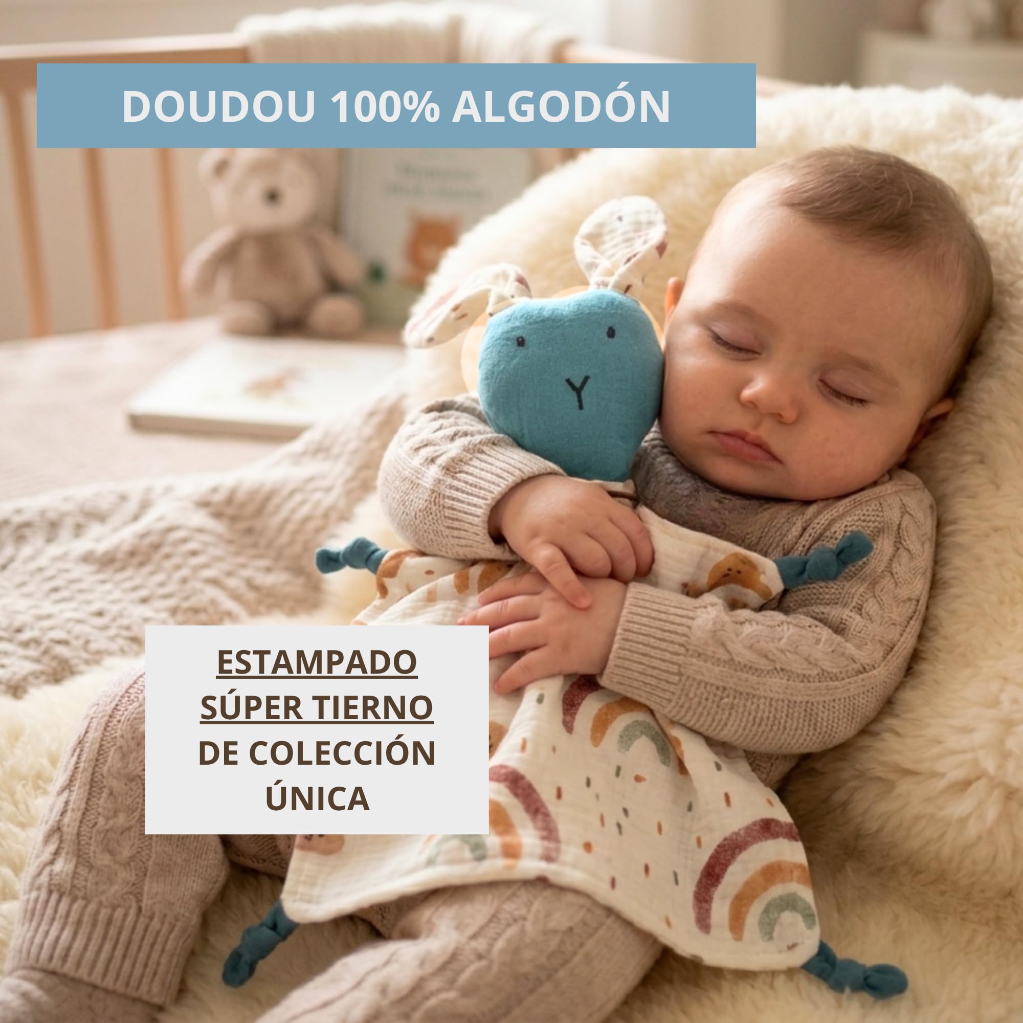 Manta Bebé Personalizada Nombre Bordado + Dou-Dou 100% Algodón - Fina y Ligera para Verano. Regalo Recién Nacido Niño Niña - Manta Suave y Peluche - Regalo Padres y Mamás Primerizas (Azul) - 5