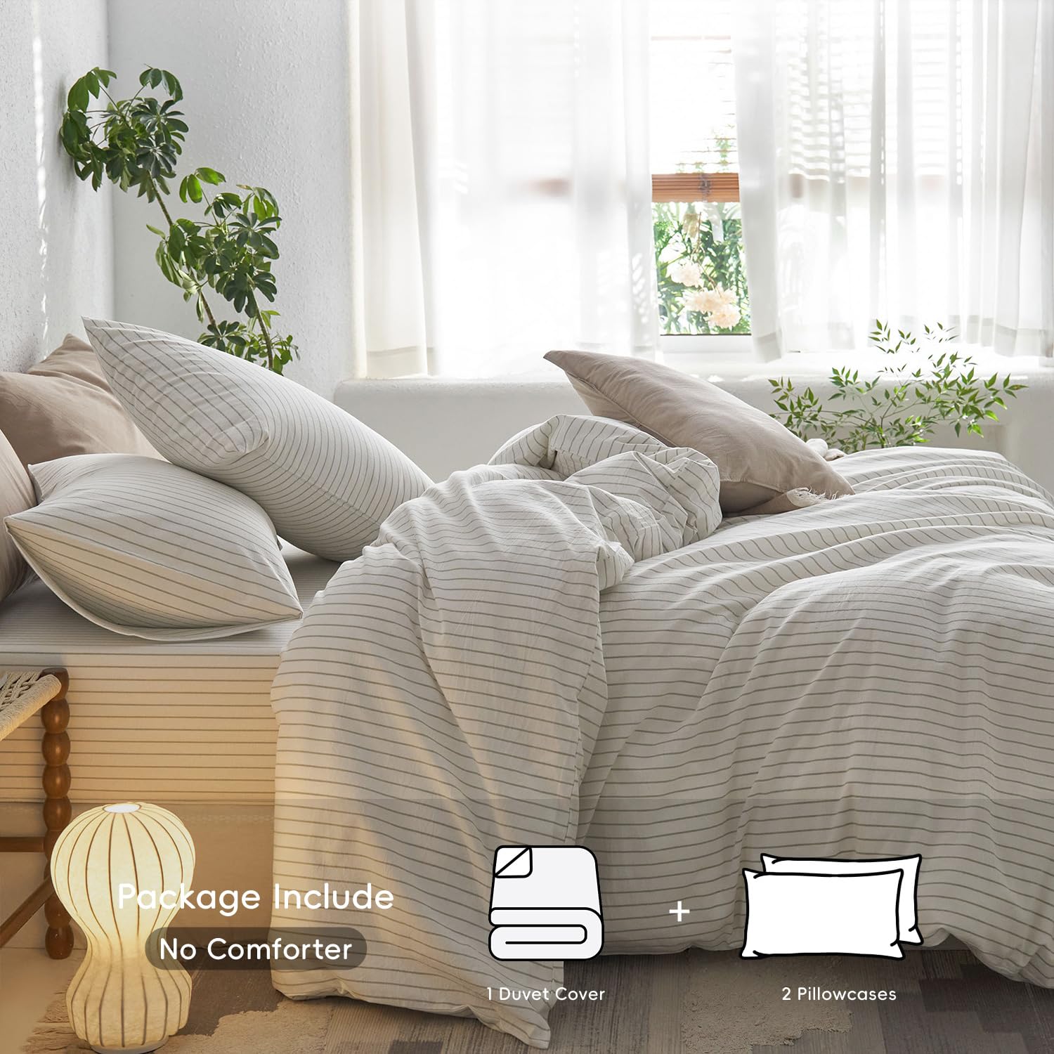 MooMee Striped Duvet Cover Set 100% Washed Cotton Linen Like Textured Breathable Durable Soft Comfy (White Sage Green Wide Stripes, Queen 90