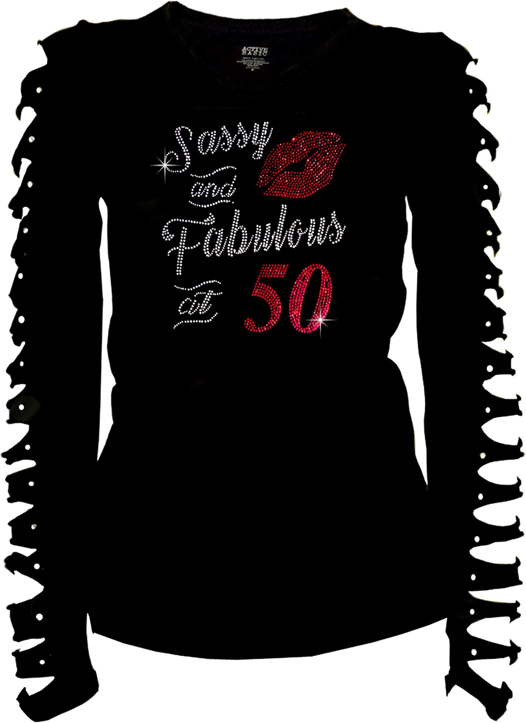 Fashion2ne1Womens Tops Shirts 'Sassy and Fabulous at 50' Rhinestone 50th Birthday T-Shirts Ripped Cut Out,Cute Sexy Graphic Tops Ln