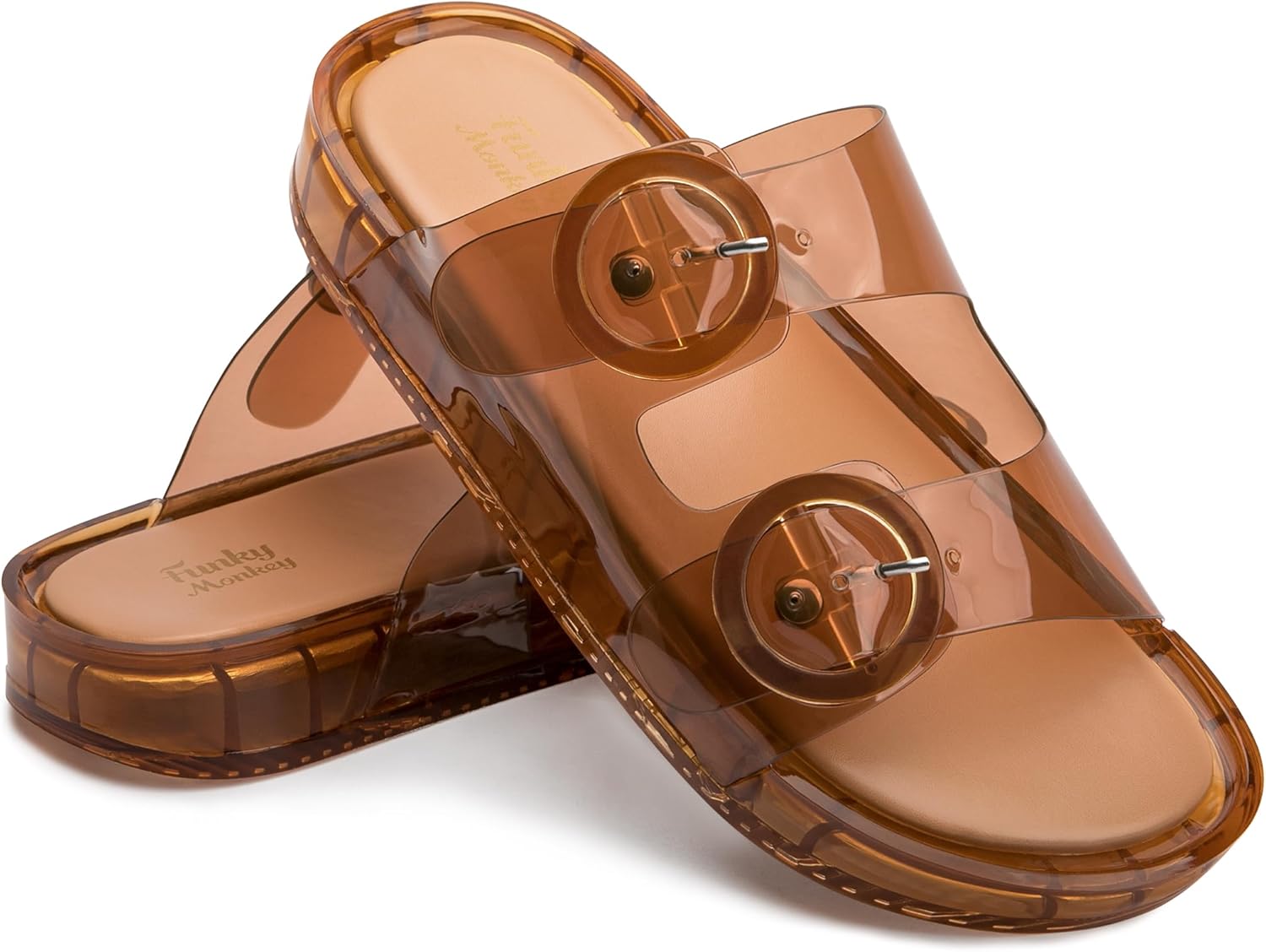 FUNKYMONKEY Women's Comfort Slides Double Buckle Adjustable Plastics Flat Sandals