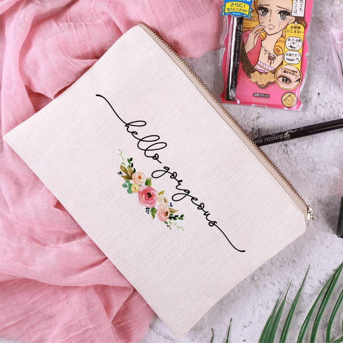 Hello Gorgeous Cosmetic Bag Unique Simple Design Makeup Case Pouches Gift Linen Fabric