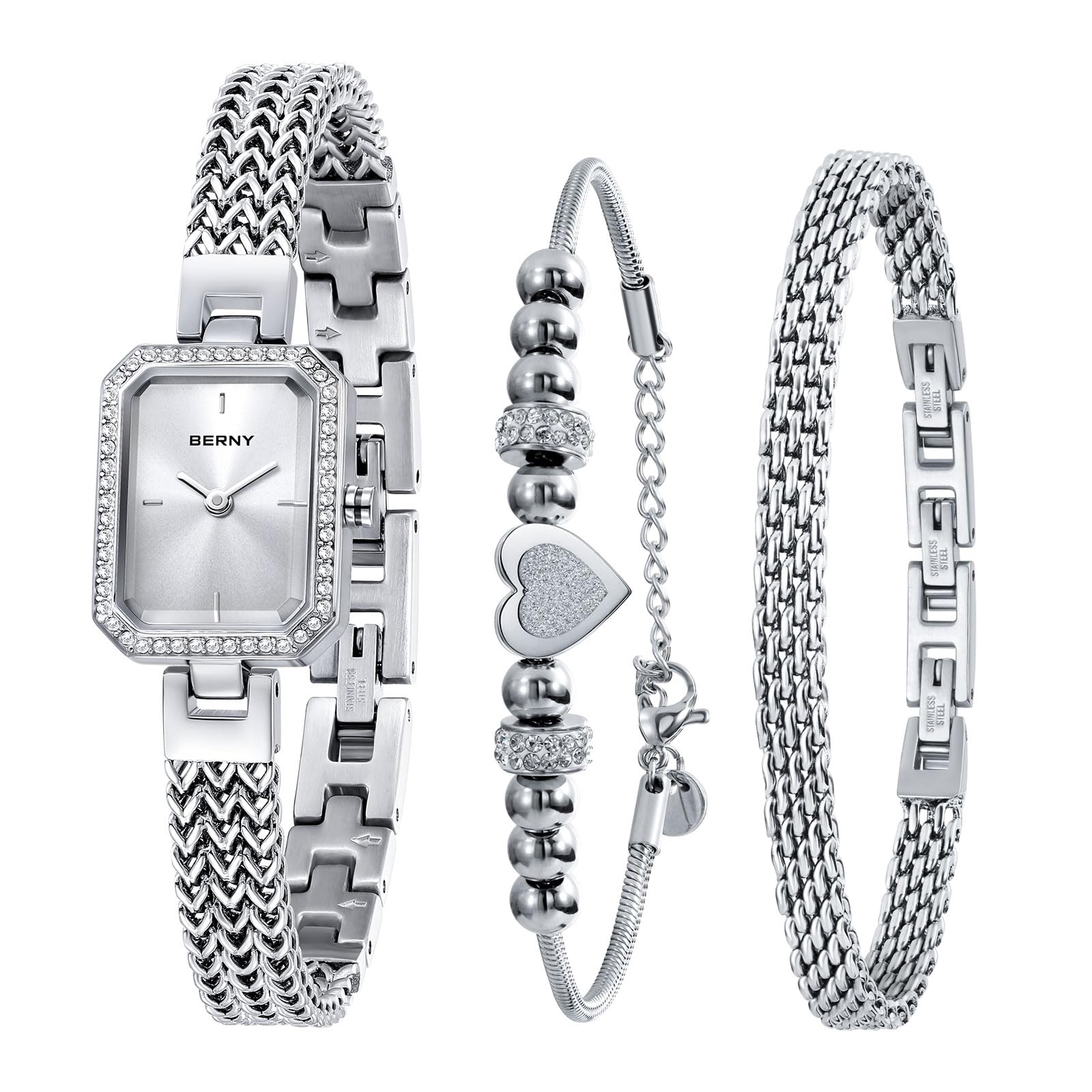 BERNY Silver Watches for Women Ladies Wrist Watch and Bracelet Set Dainty Quartz Bracelet Watch Premium Crystal Accented Fashion Luxury Birthday Present for Women-White Dial