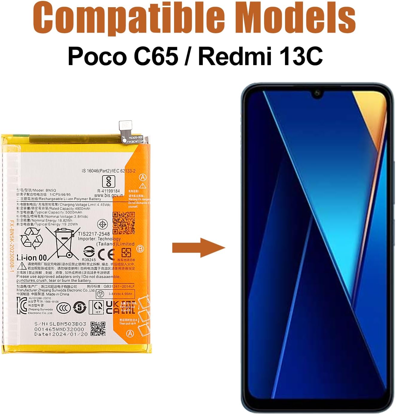 Duotipa New Phone Replacement Battery BN5Q for Poco C65 /Redmi 13C with Repair Tools Kit