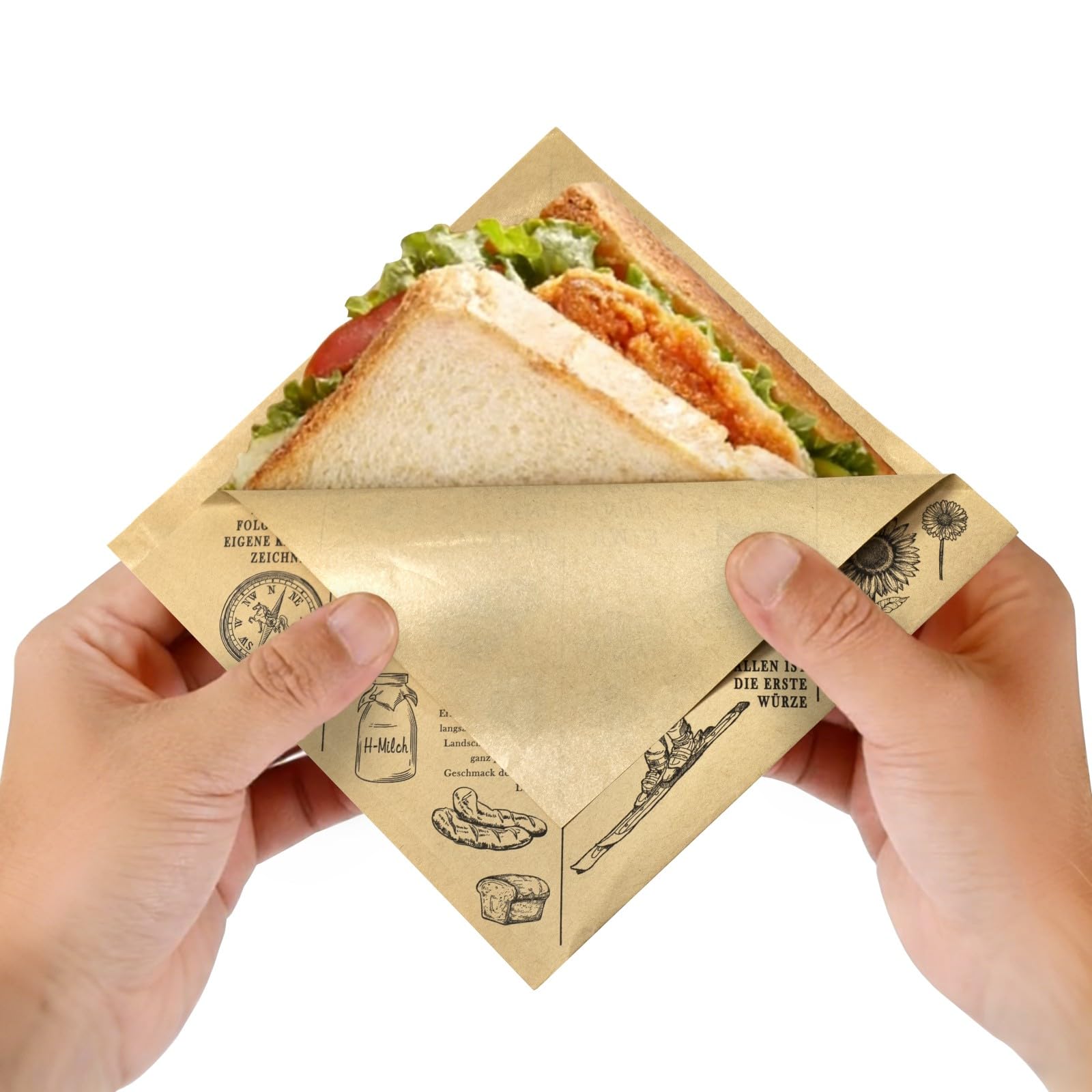 150 Stück Burger Tüten 18 x 18 CM, Einweg-Papiertüte für Lebensmittel beidseitig auf Deutsch bedruckt, ideal für Picknick, Feiern und den Haushalt