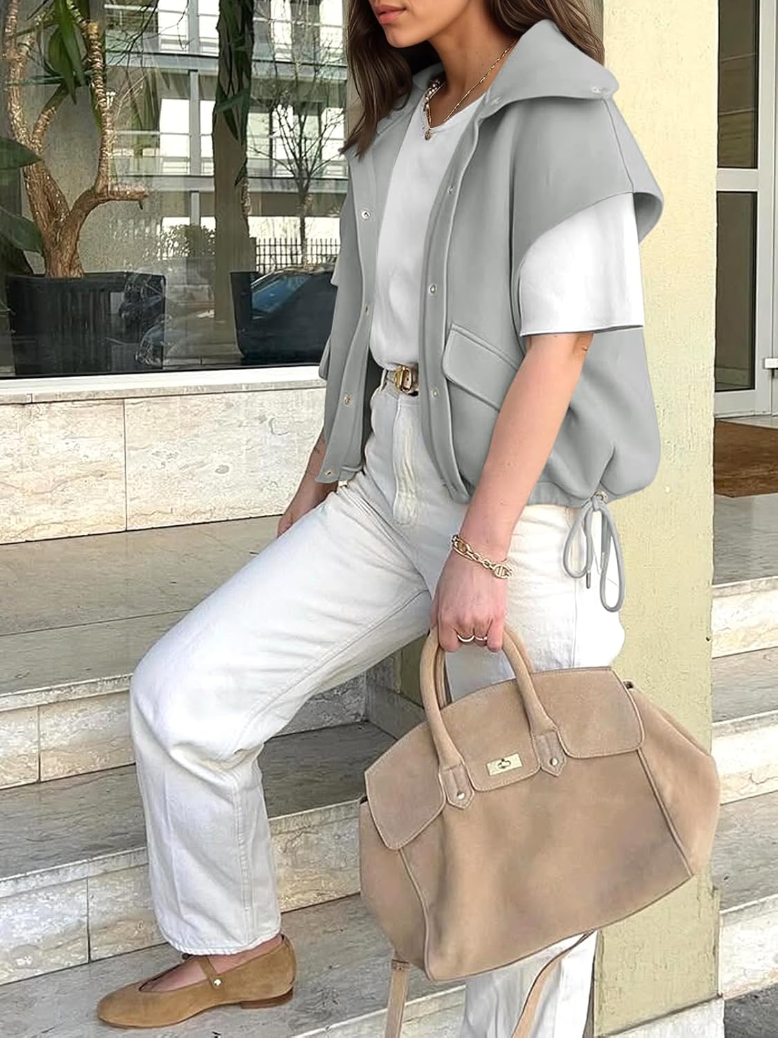 Cicy Bell Womens Fall Oversized Vest Cropped Button Down Cap Sleeve Lapel Collar Jackets Casual Drawstring Outerwear - Image 5