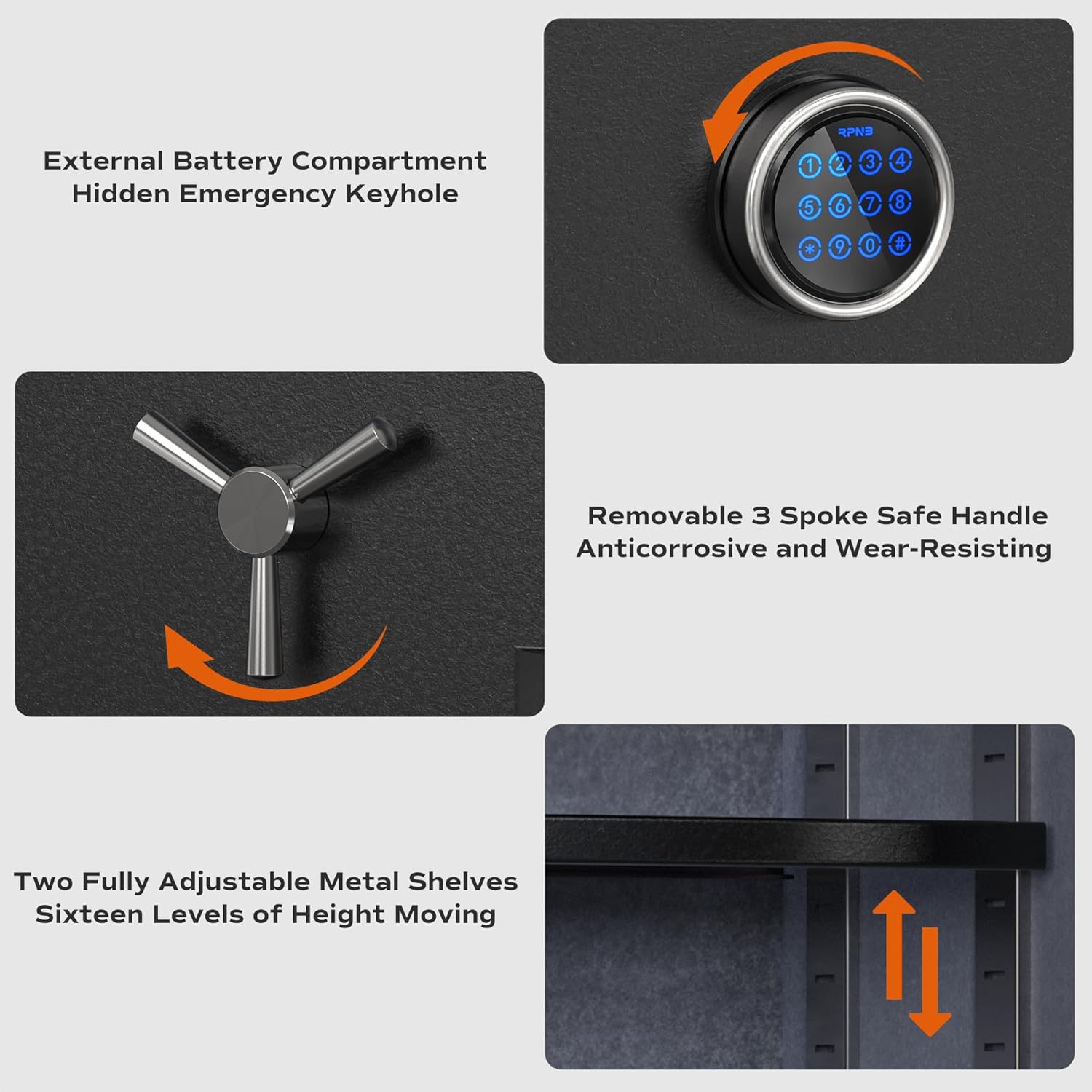 Close-up of the RPNB safe's features including the external battery compartment, 3-spoke handle, and adjustable shelves.
