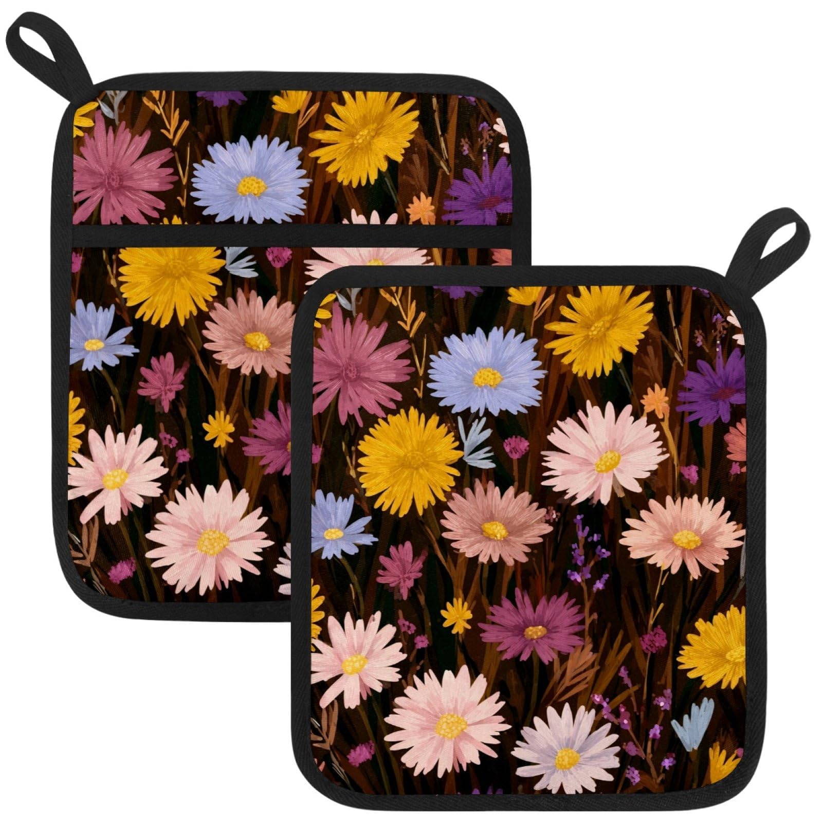 VAPOKF Florals Daisy Heat Resistant Pot Holders, Thick Pot Holders Pad with Hanging Loop for Kitchen, Oven Cloth Pads for Kitchen Baking Microwave Oven
