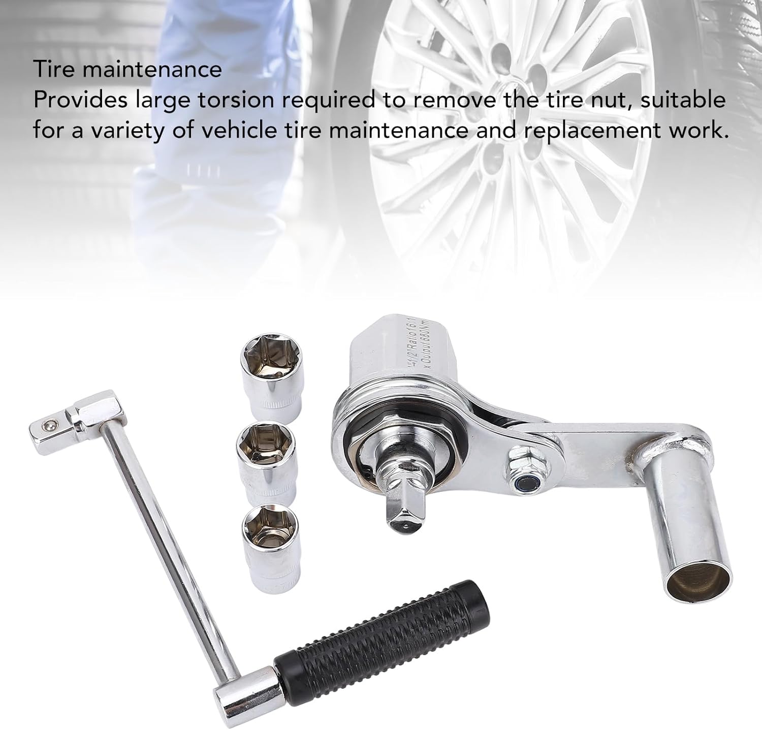 Wrench Set, 1/2in Torsion Multiplier Wrench Looseing Nuts 1:16 Gear Ratio Car Tire Nut Remover Lug Nut Removal Tool with 17mm 19mm 21mm Sockets for Car Suv