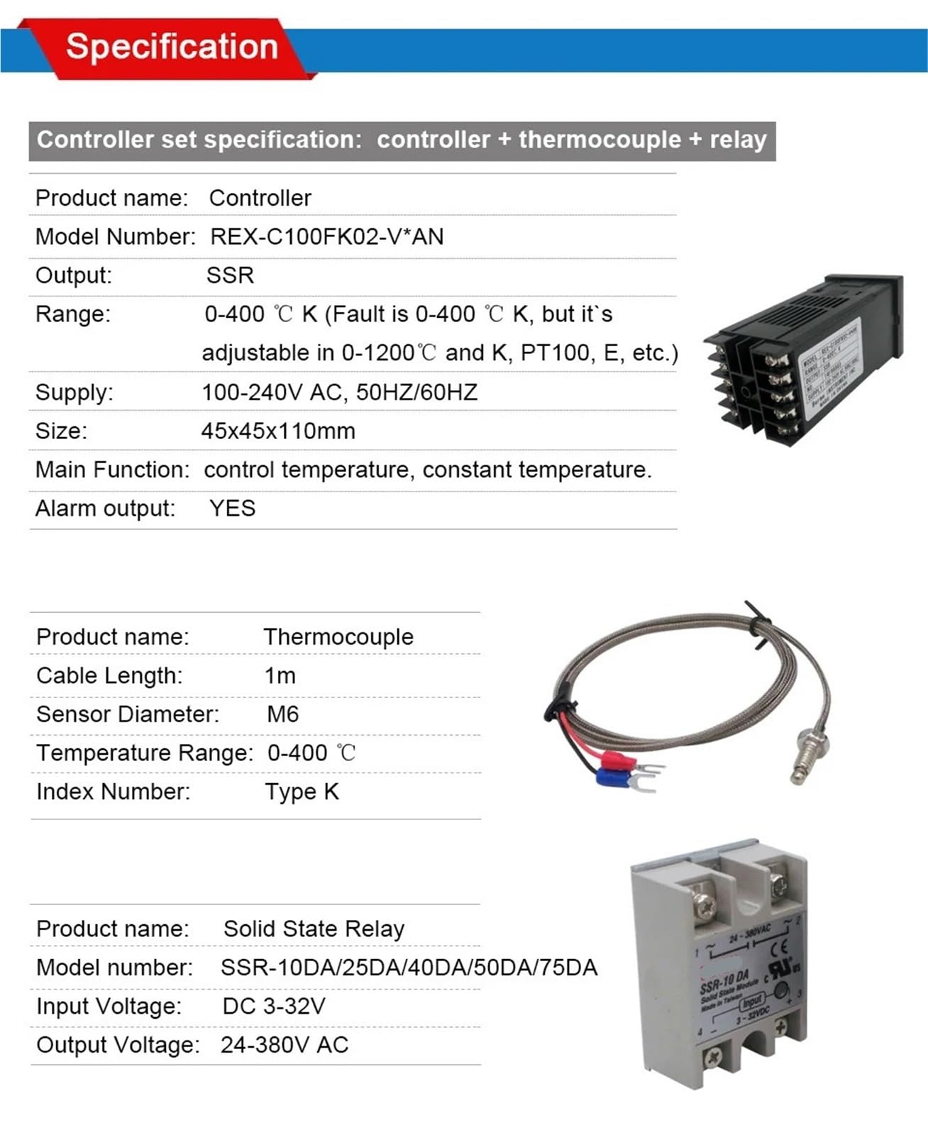 Cyfrowy regulator temperatury PID, termostat REX-C100, sonda termopary typu K, przekaźnik SSR do regulacji temperatury grzałki. (zestaw 50DA)
