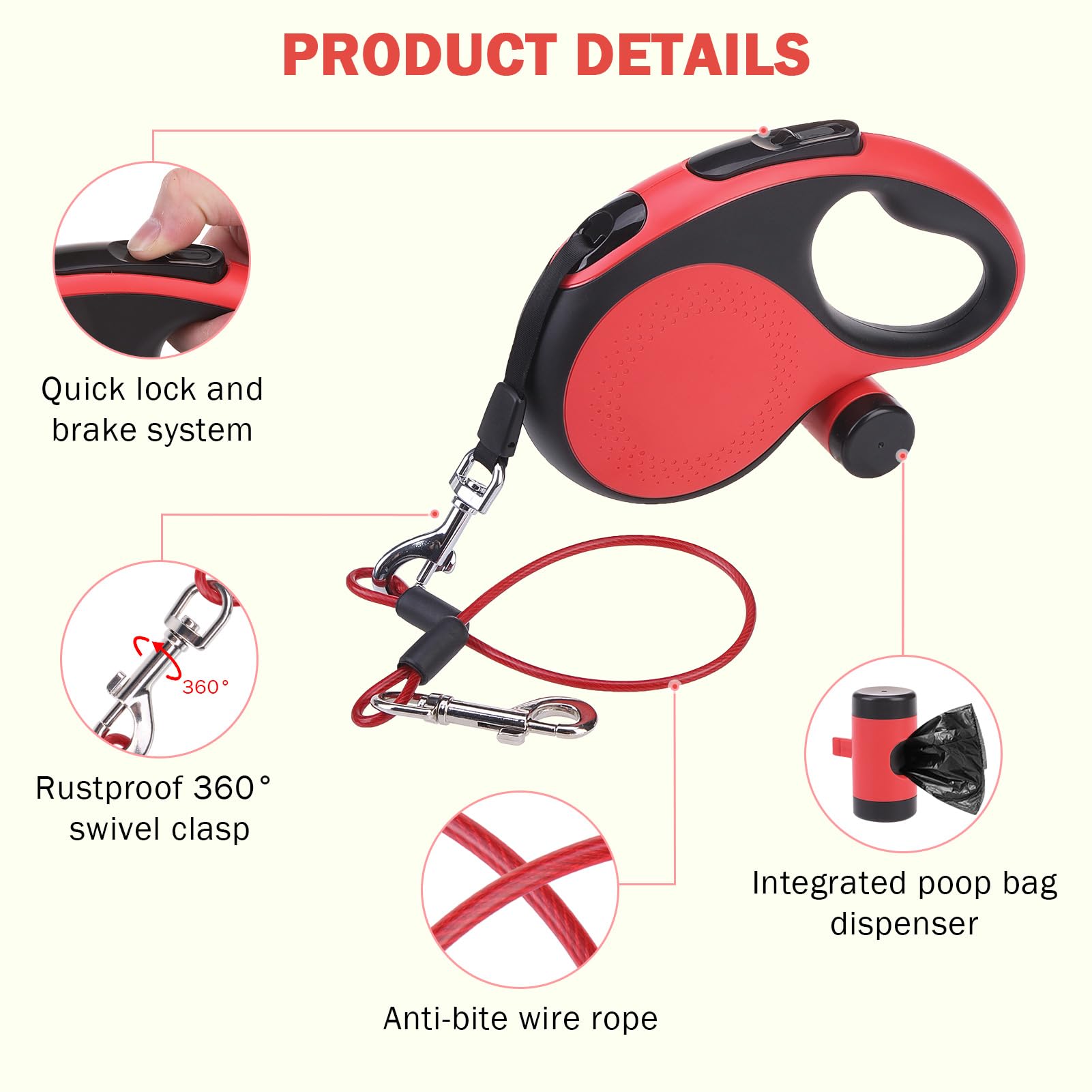 SCENEREAL Correa retráctil para perros pequeños, medianos y grandes de hasta 110 libras, cinta de nailon sin enredos de 26 pies, 360° con cuerda de alambre antimasticación y dispensador de bolsas de
