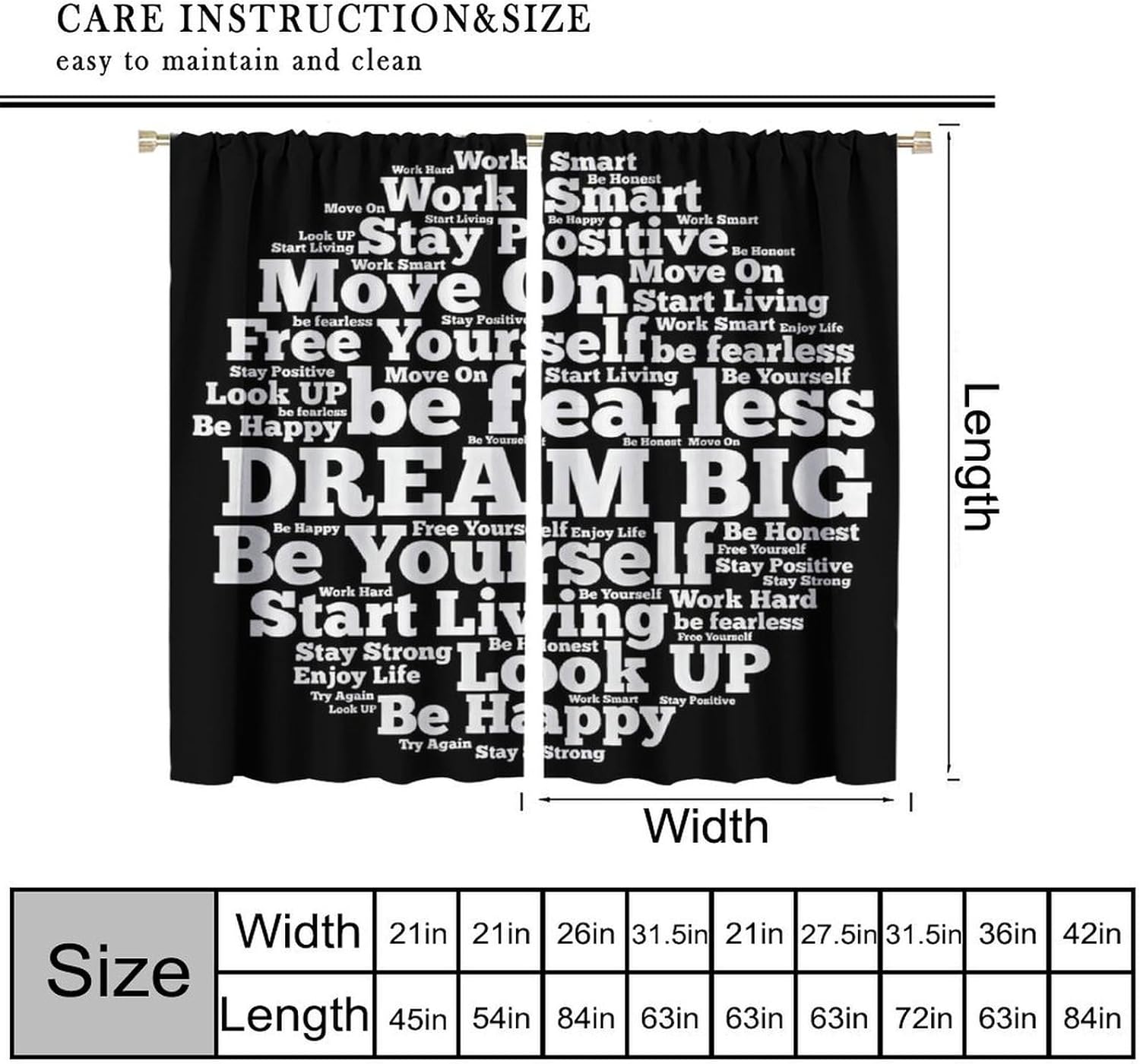 Inspirational Quote Blackout Curtains, Black White Positive Words Motivational Phrases Modern Design Window Drapes for Bedroom Living Room Bathroom Kitchen Office Home Decor, 42" W X 45" L